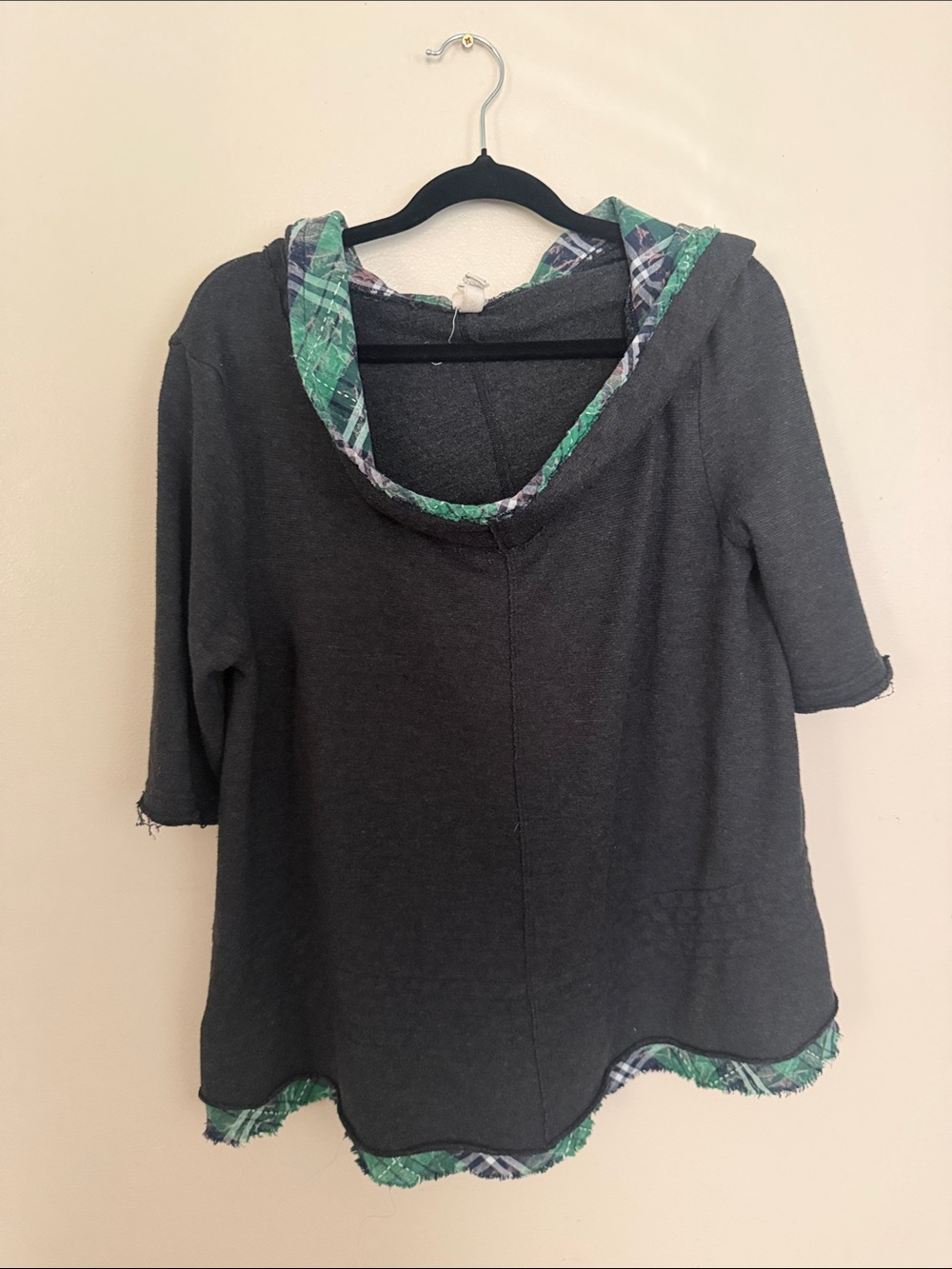 We The Free Charcoal Hooded Pullover with Green Plaid Trim